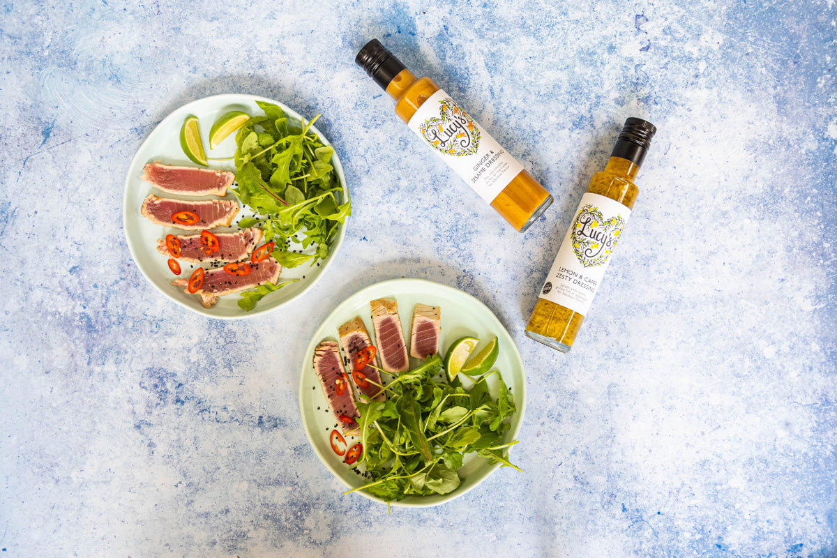 Seared Tuna Carpaccio with Lucy's Lemon & Caper Dressing Lucy's Dressings