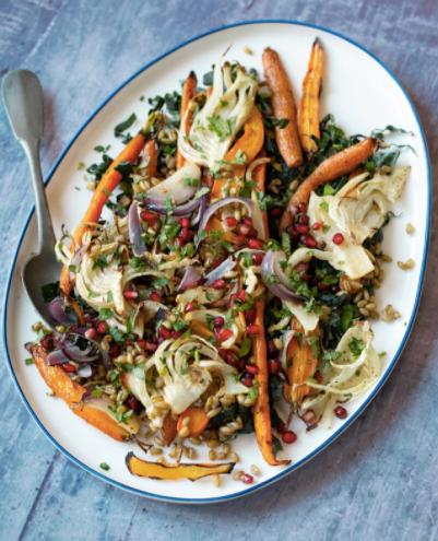 Orange roasted carrots, fennel and freekeh salad with feta and pomegra – Lucy's Dressings