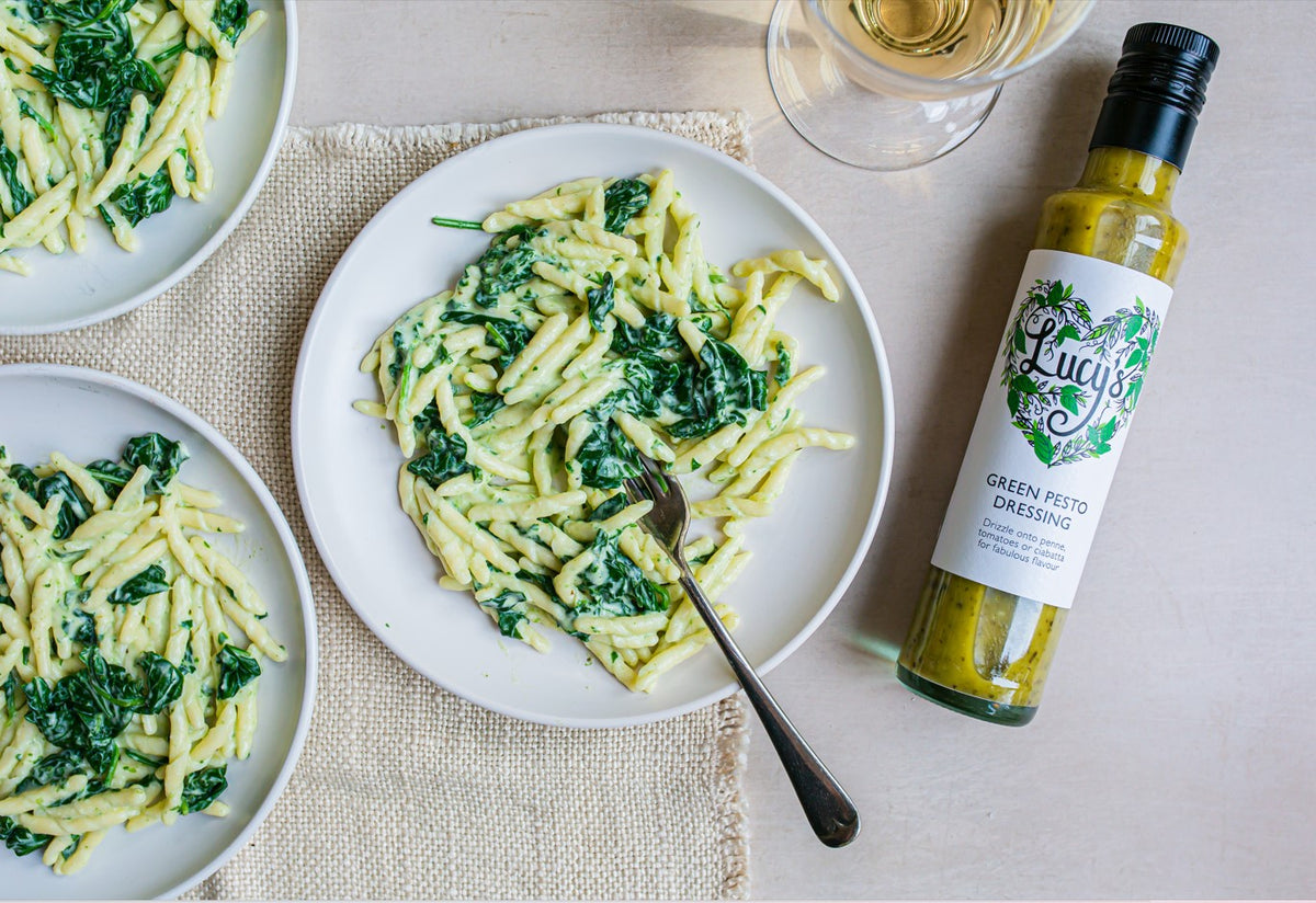 SPINACH, CREME FRAICHE AND PESTO PASTA Lucy's Dressings