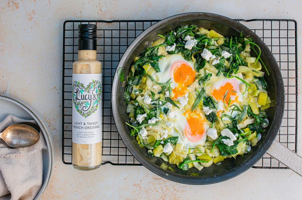 BRAISED EGGS WITH LEEKS AND SPINACH Lucy's Dressings