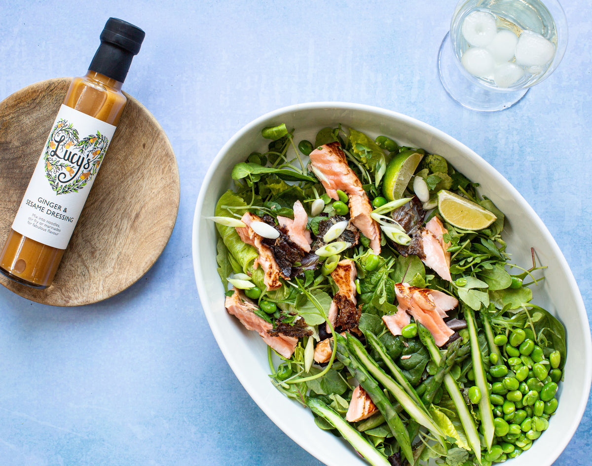 Salmon Salad with British Asparagus, Broad Beans & Sugar Snap Peas